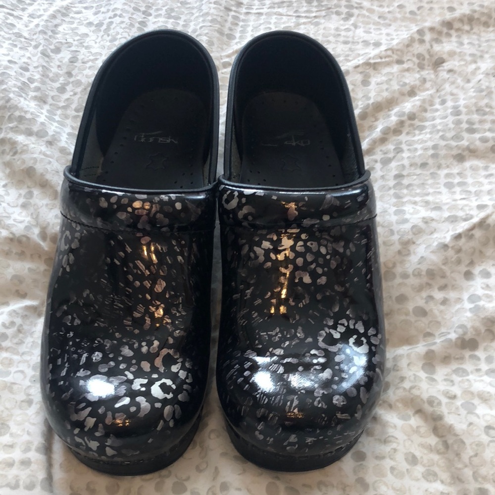 DANSKO Black and Silver Leopard Print Professional Clogs